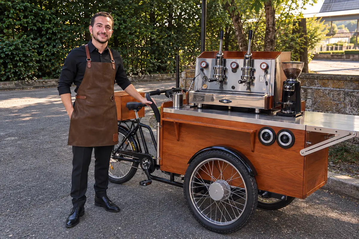Le barista Coffee & Mo à côté du coffee bike, un triporteur en bois équipé d’une machine à espresso à deux groupes et d’un moulin