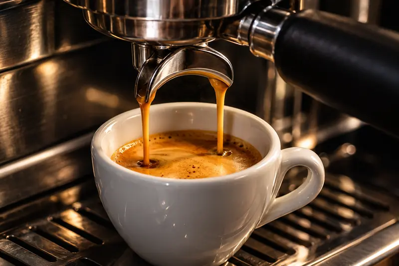 Un espresso coule de la machine dans une tasse en porcelaine blanche